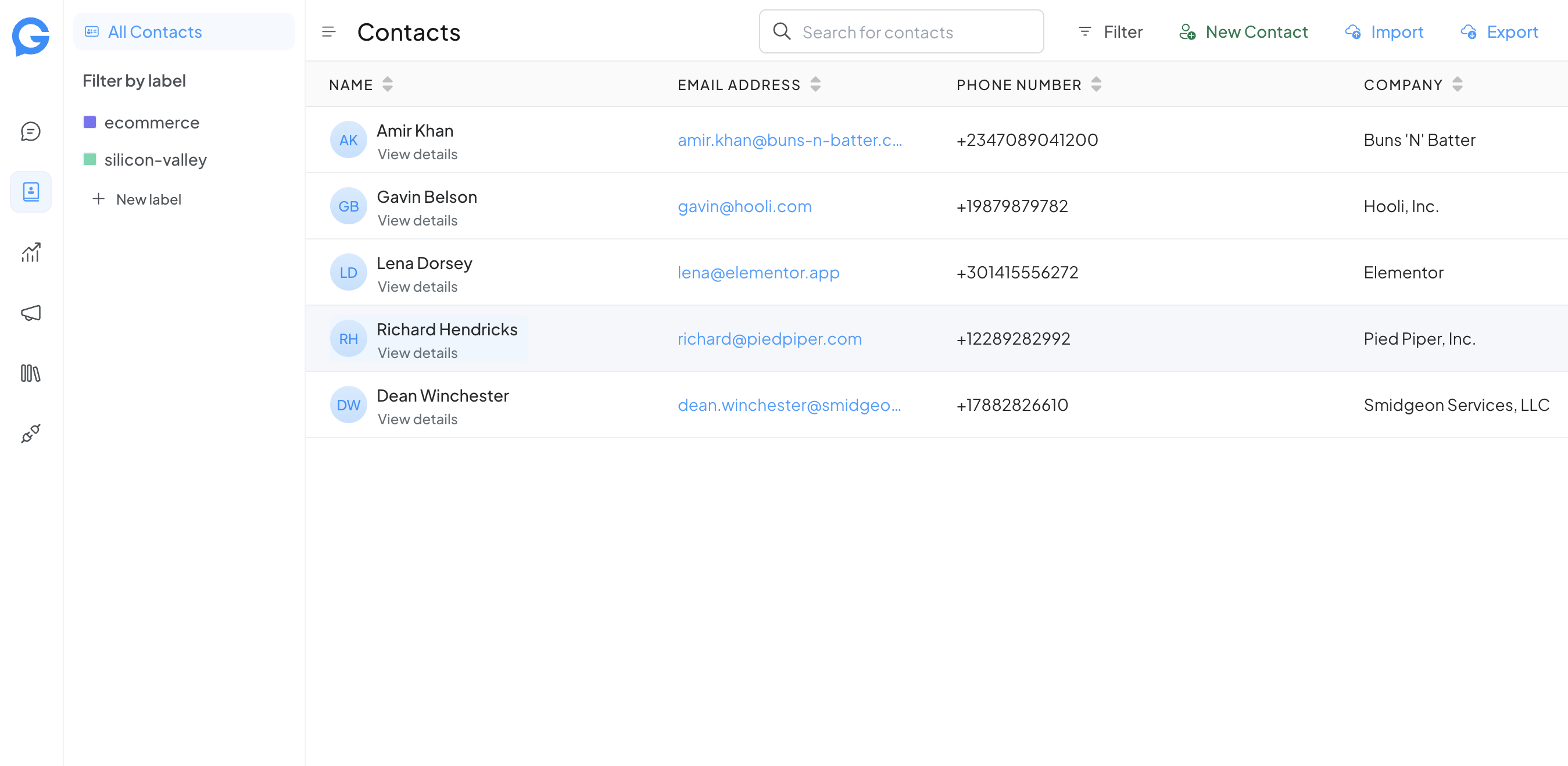Screenshot of Gimbal's built-in CRM